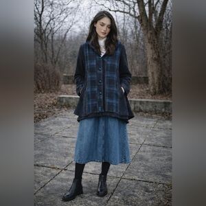 WRITEPEN Wool-Blend Plaid Hooded Smock Coat — No Size Tag